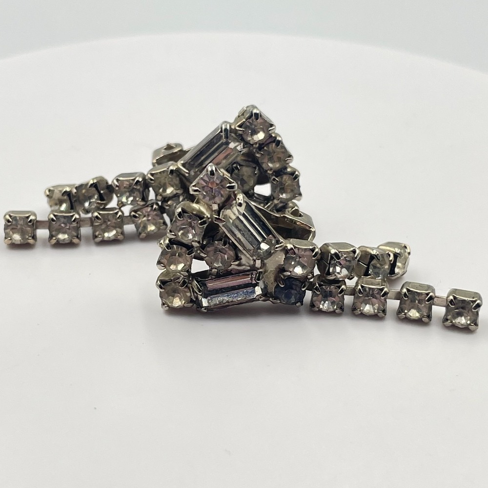 Vintage Mid-Century Clear Rhinestone Cascade Clip-On Earrings Silver Tone Style